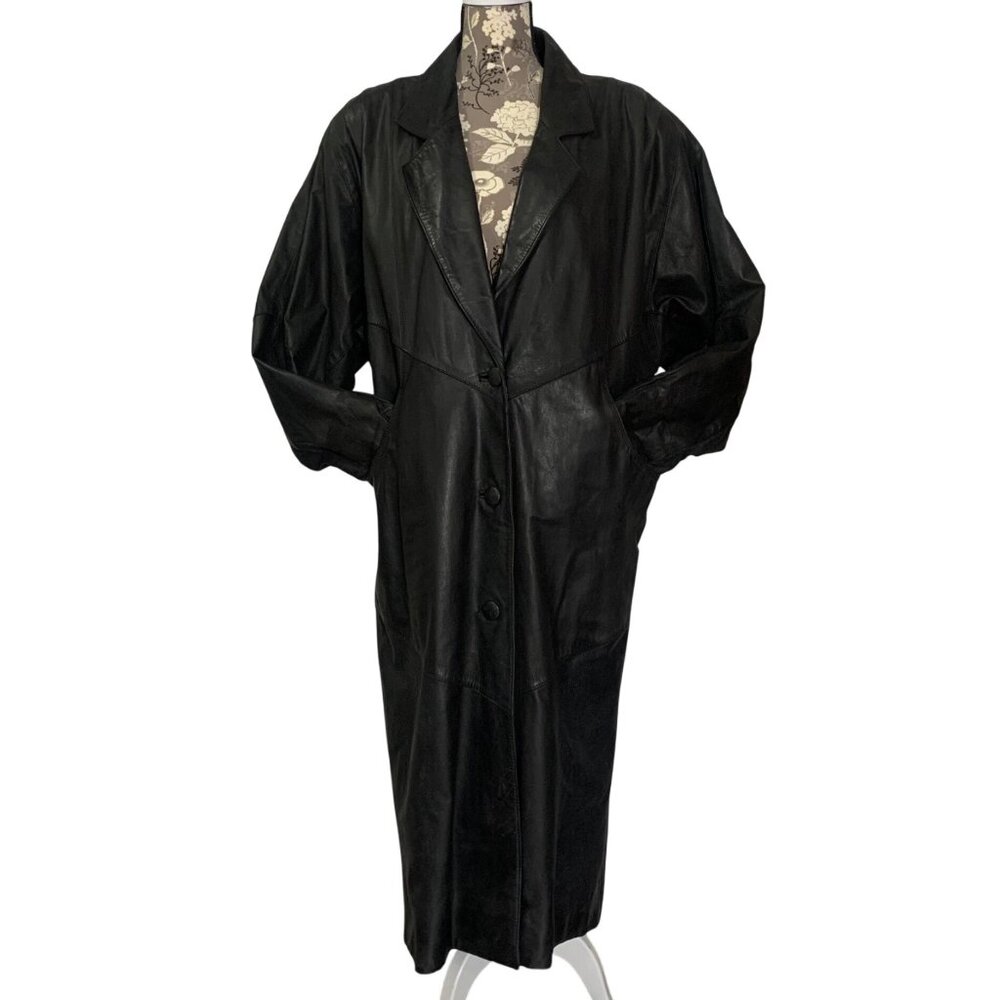 Vintage 1980s Black Leather Trench Coat Duster Womens Size Large By G3, GIII